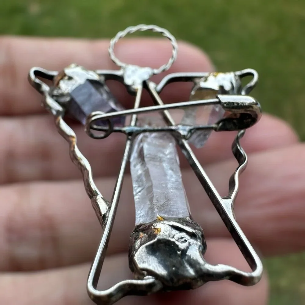 VTG Artisan Brooch Pin‎ Pendant 2 Inch Angel Halo Quartz Crystal Sterling 12.1g